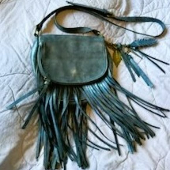 Navy Metallic-Sheen Leather Fringe Bag with Gold Spike and Feather Charm - Picture 7 of 9
